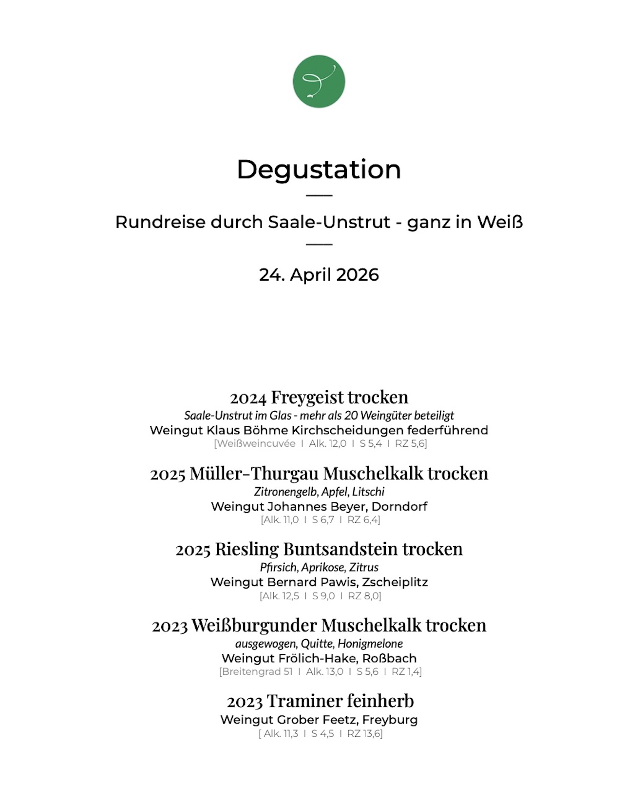 Tasting of 5 Wines: “A Journey Through the Saale/Unstrut Region – All in White”  April 2026